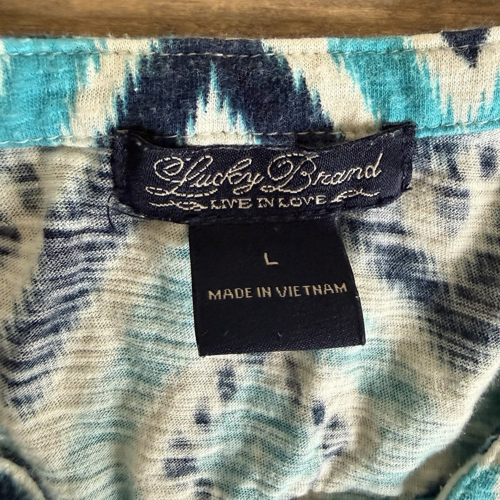 Lucky Brand Womens Large Blue White V-Neck Henley Short‎ Sleeve Blouse Top - Picture 4 of 7